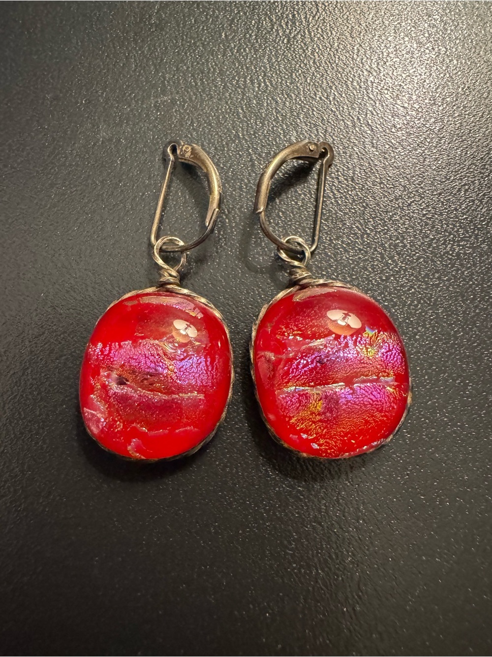 Dichroic Fuchsia Art Glass Sterling Silver Leverback Earrings 1.5”